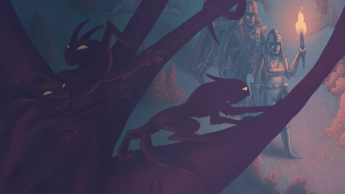 Dark OSR medieval forest with torch-bearing travellers