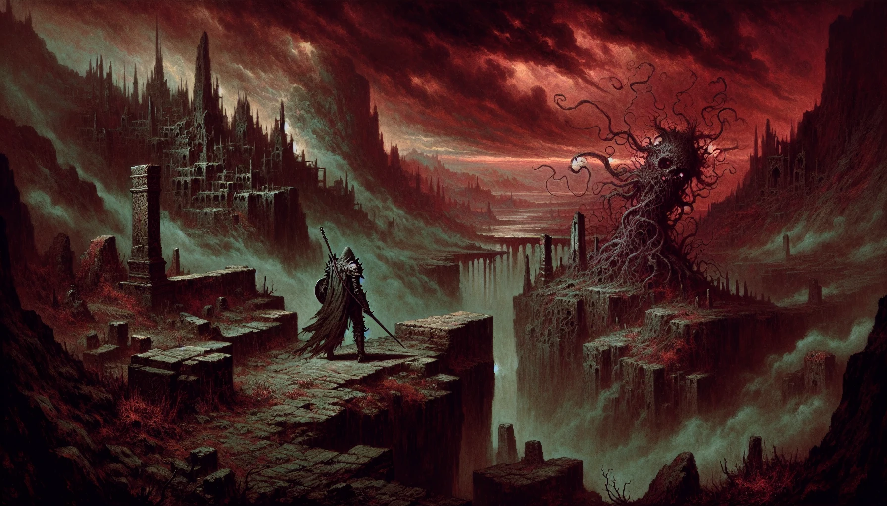 Grim dark fantasy warrior at cliff edge under stormy sky